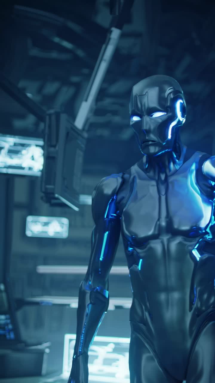 Futuristic humanoid robot in a high-tech lab, captured from a low-angle shot