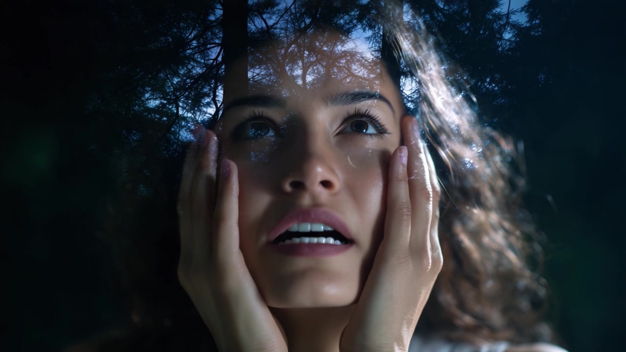 Expressão Emocional: Uma Jornada Cativante Através do Medo, Esperança e Reflexão Capturada em Dois Quadros do Momento de Introspecção e Realização de uma Mulher