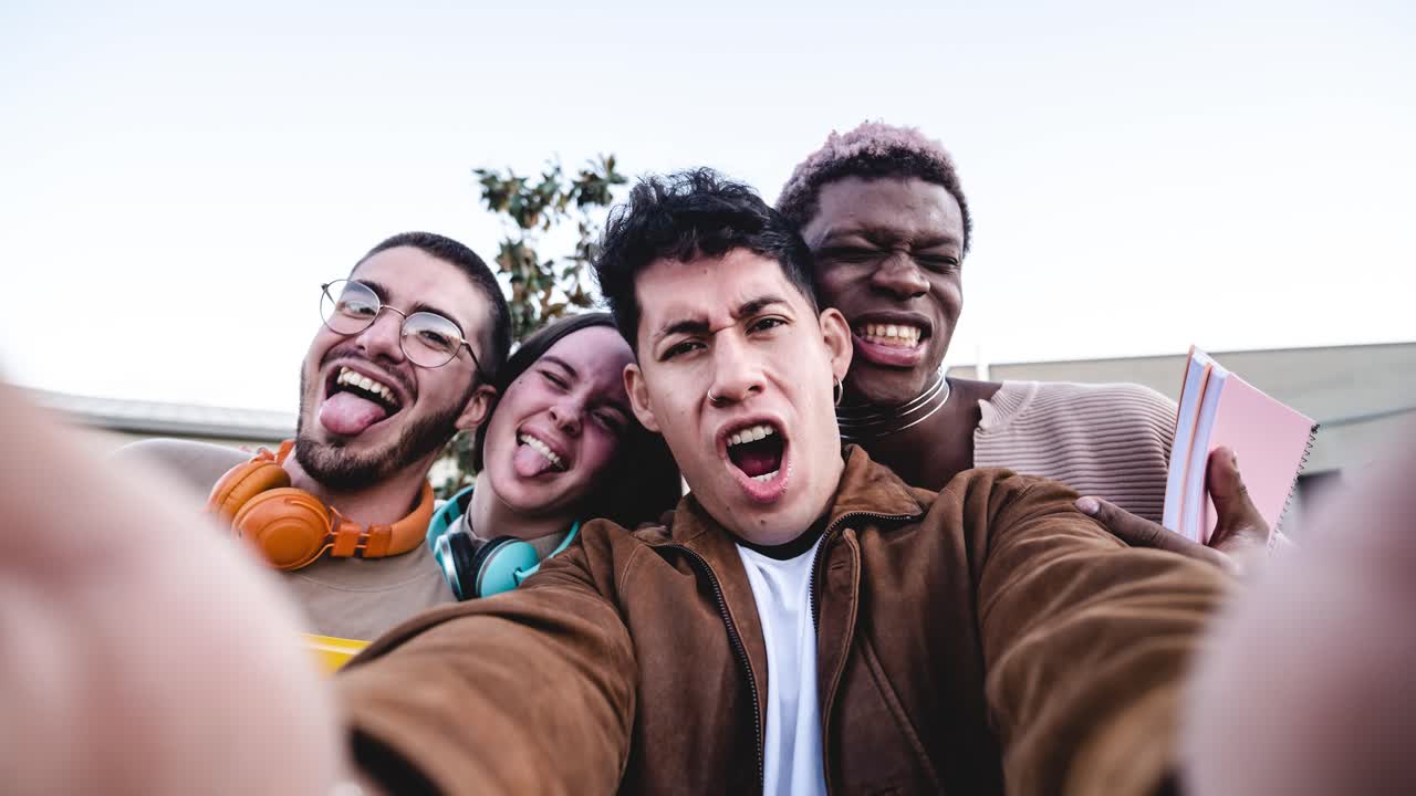 Happy diverse friends taking selfie. Stop motion video