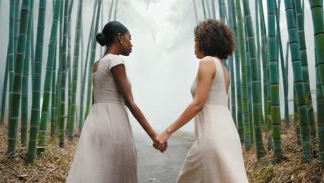 two female friends, dressed in elegant attire, walking hand in hand through a serene bamboo forest on a misty day, embracing the tranquility and beauty of nature around them