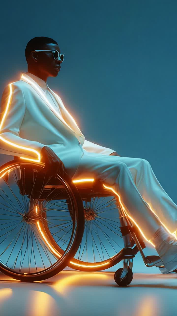 A stylish individual seated in a modern wheelchair with glowing accents, showcasing a unique fusion of fashion and mobility in a futuristic setting