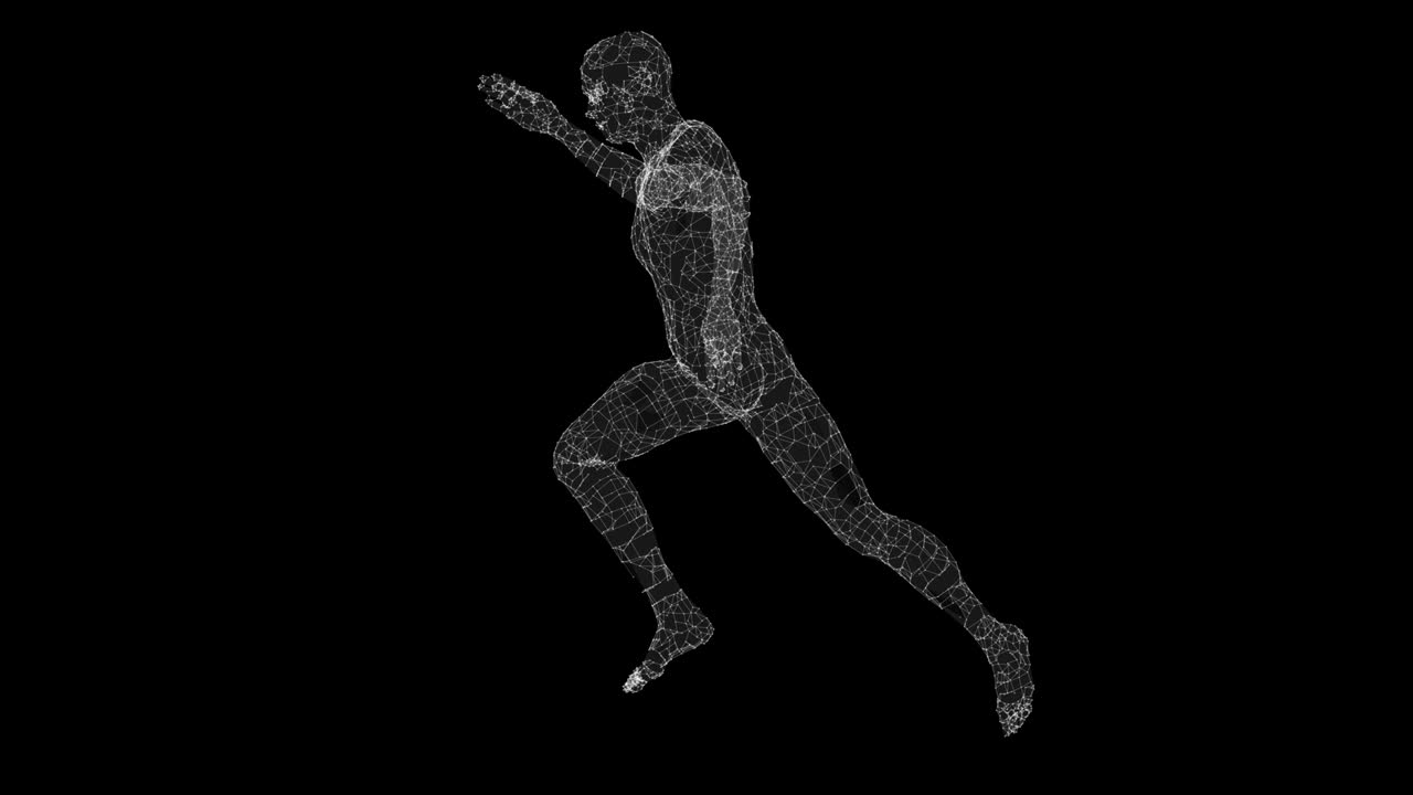 한 남자가 검은 바탕에서 달리고 있다.