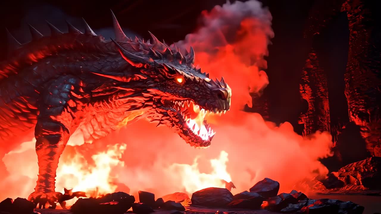 A dramatic side-angle shot of a fiery dragon, its mouth open with flames, set against a dark