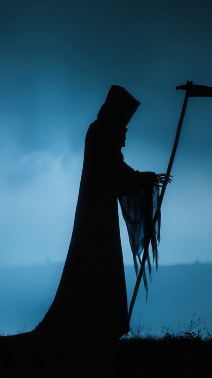 Una Figura Misteriosa in Silhouette Scura: Sottolineando la Presenza Enigmatica con una Falce Contro uno Sfondo Tetro di Nebbia e Ombre