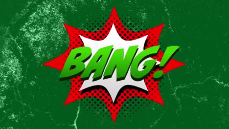 animation of bang text on retro speech bubble and data processing on green background