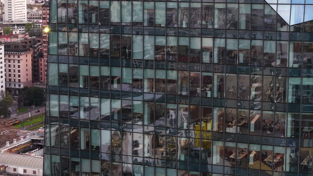 Aerial drone view of the inside of a building in Milan, Italy in daylight