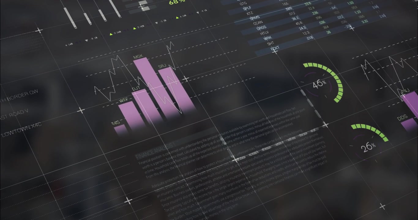 Animation of multicolored infographic interface over modern cityscape against sky