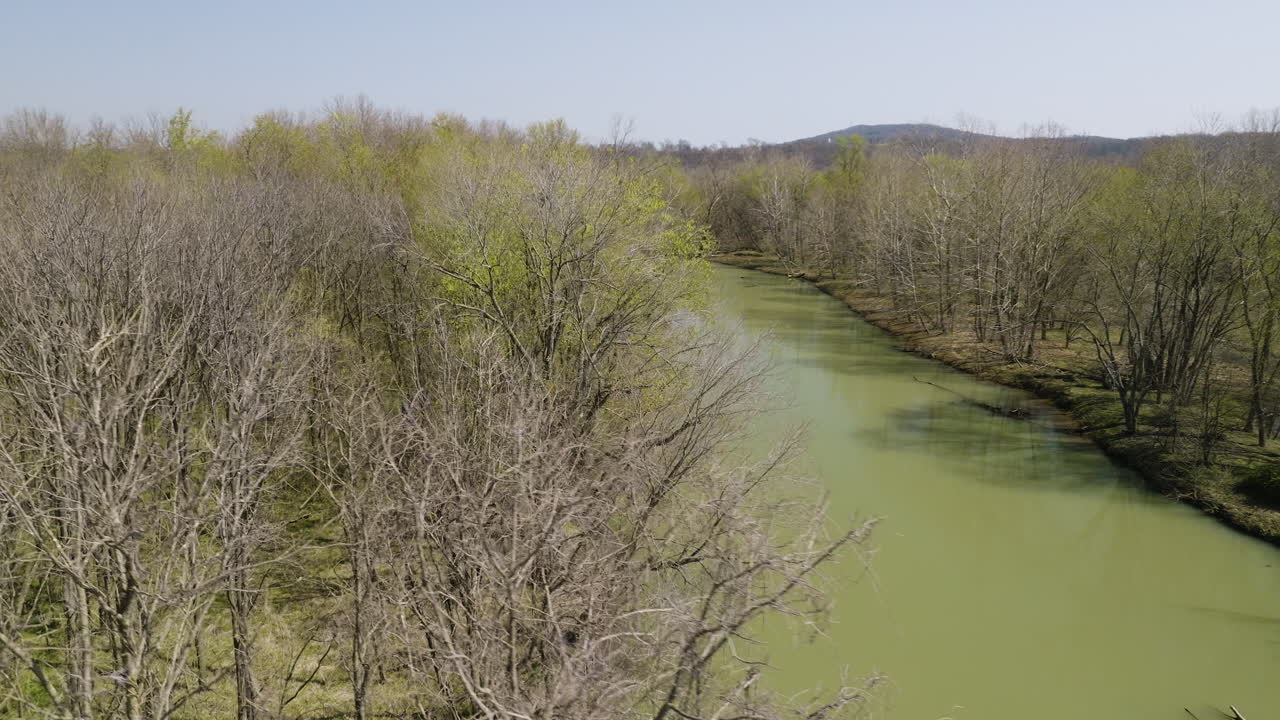 agua estancada verdosa rodeada de árboles sin hojas en la bifurcación media del río blanco en el condado de washington, arkansas