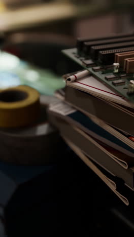 close up of a circuit board on a desk with tools and other electronics