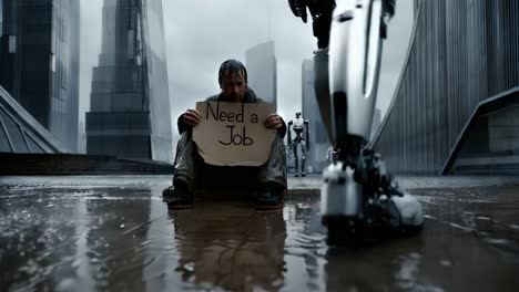 jobless man in a futuristic city