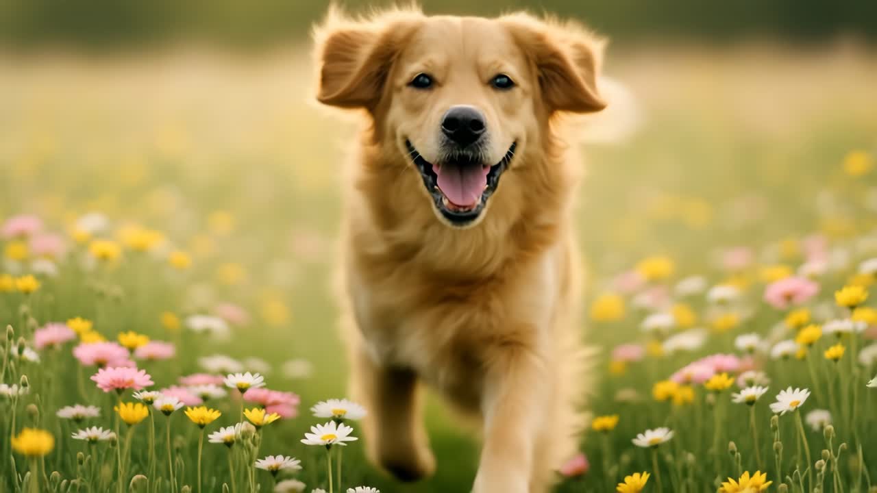 Golden retriever running joyfully through a meadow of wildflowers
