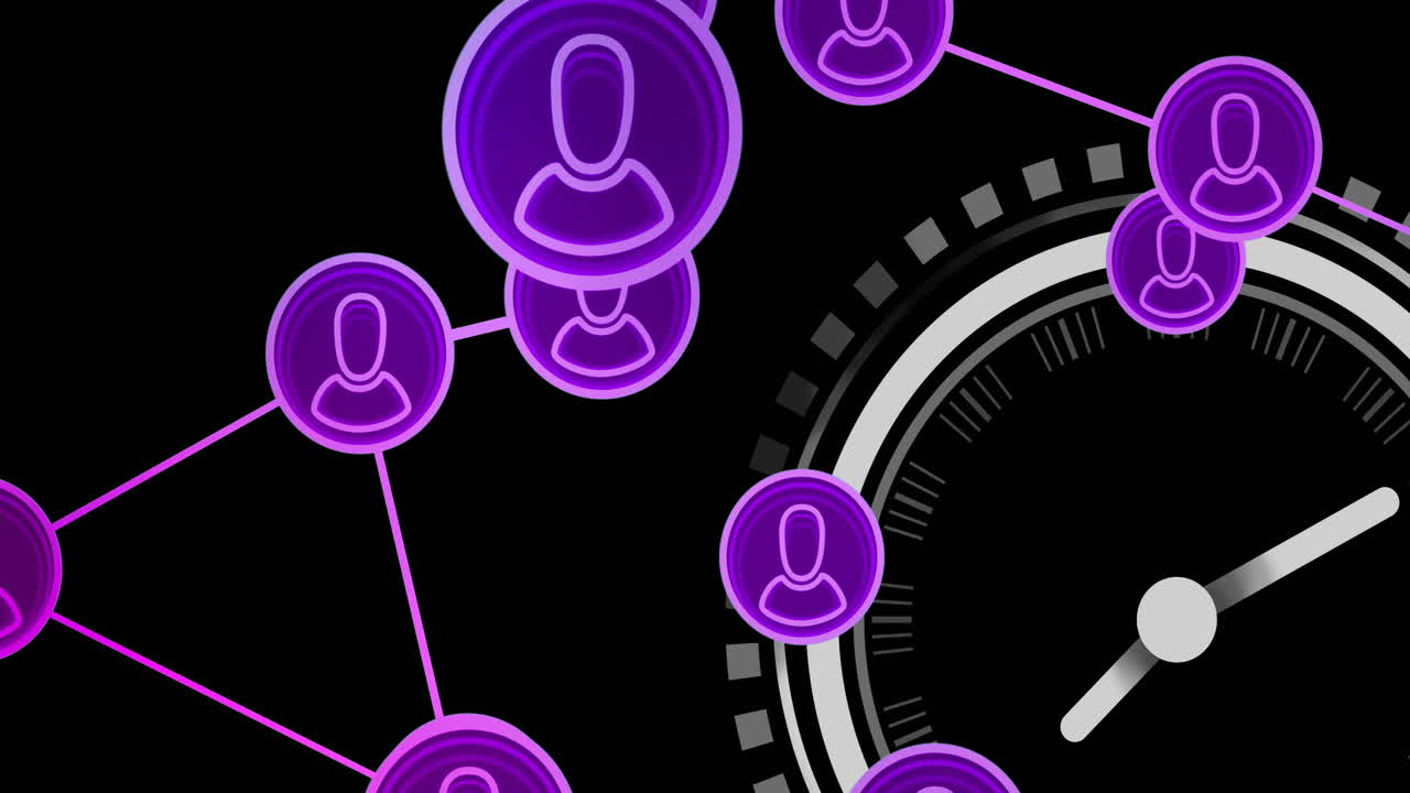 Animation of purple network of people icons over scanner with clock hands on black background