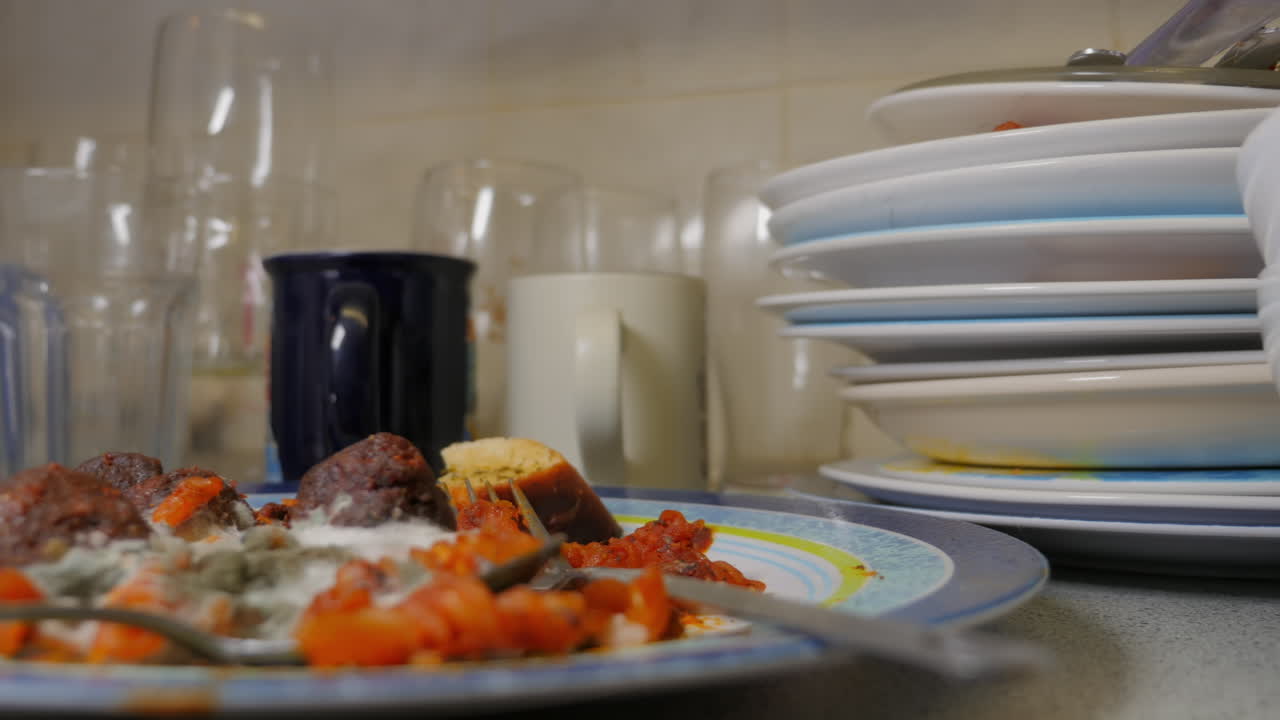 primer plano de platos sucios y comida con moho bacteriano, toma panorámica