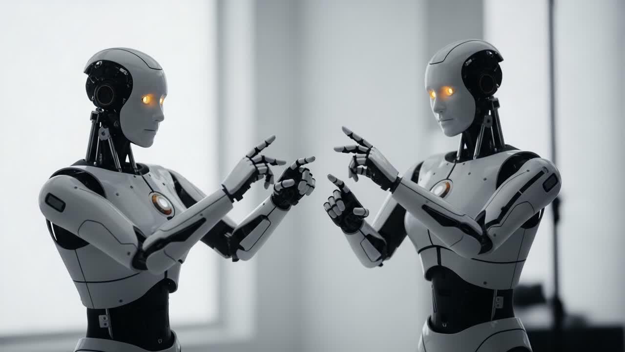 Two Futuristic Robots Engaging in a Dynamic Interaction in a High-Tech Environment with Glowing Features and Expressive Gestures