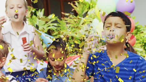 animation of confetti falling over children blowing bubbles having fun at party