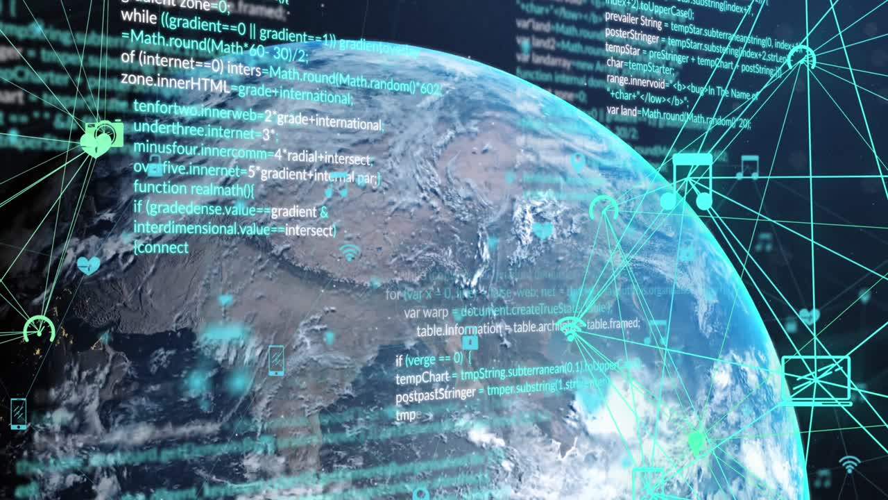 Animation of eco icons and data processing over globe