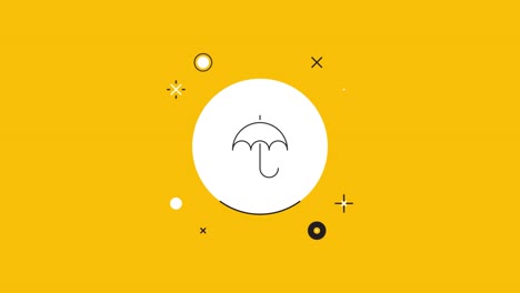 umbrella icon in white circle with black dynamic line on a yellow background. seamless loop dynamic symbol rolling in the center