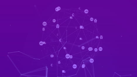 animación de la red de conexiones con iconos en fondo púrpura