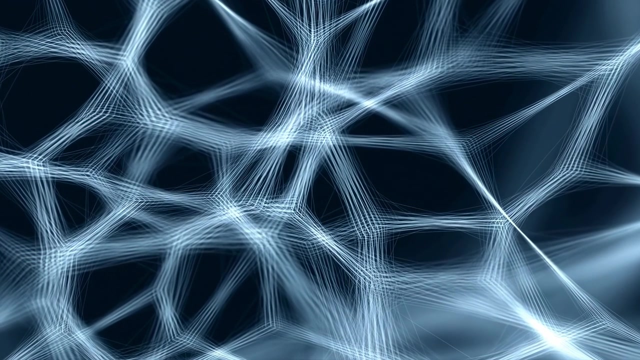 Glowing Blue Neural Web Network Of Interconnected Filaments, Pulsing Signal And Electric Sheen Over Dark