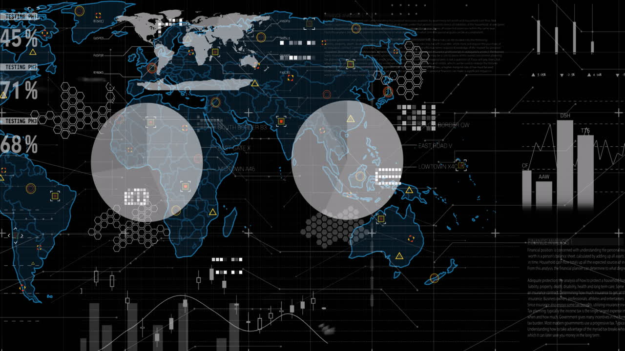 Animation of infographic interface over circuit board pattern against map on black background