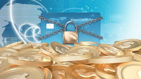 Animation-of-credit-card-with-padlock-and-chain-over-world-map-and-stack-of-euro-coins