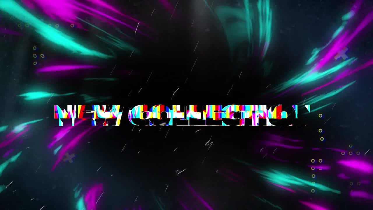 Animation of new collection text and shapes on black background