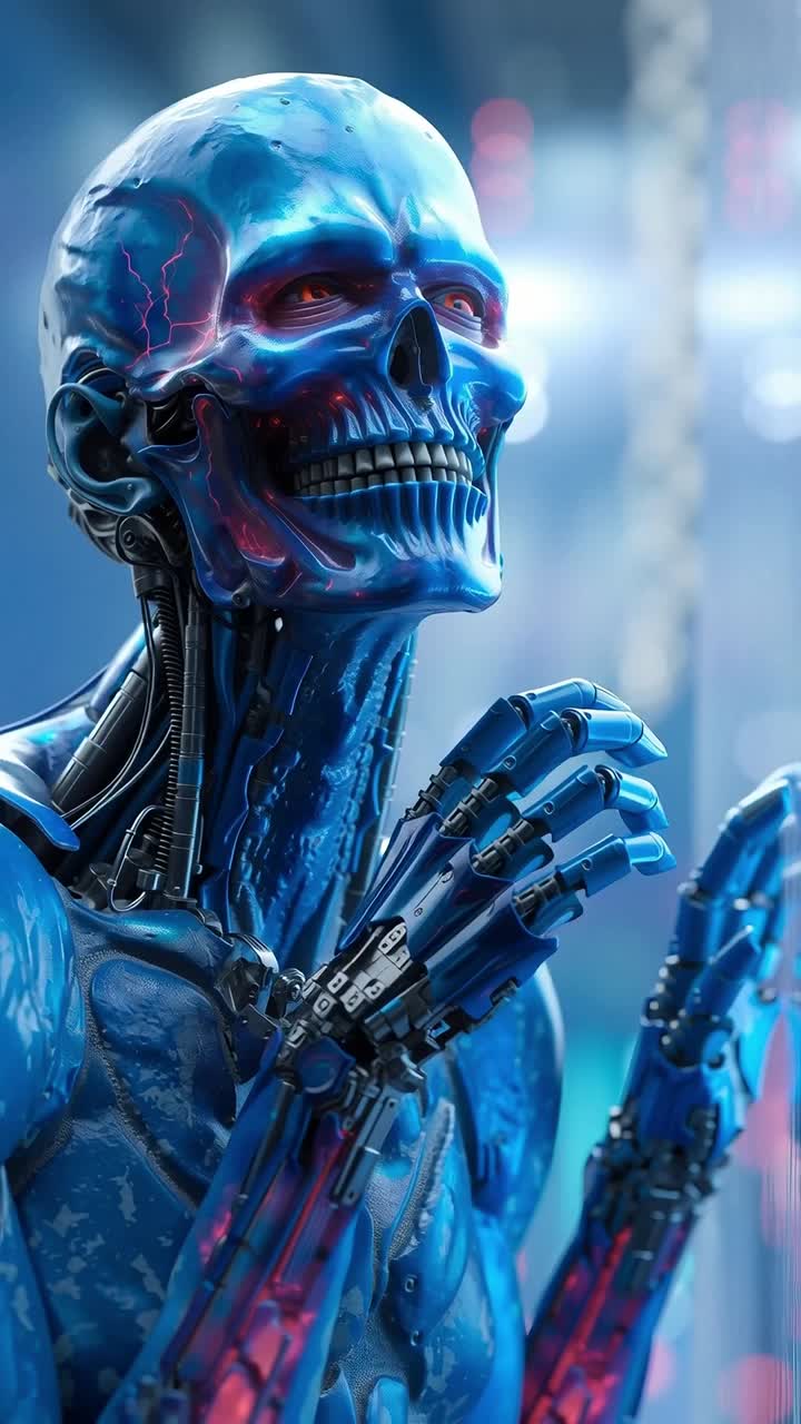 A blue robot with a red light on his face