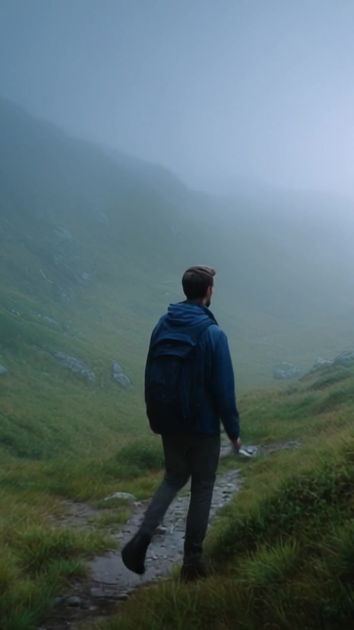 A solitary hiker navigates through a misty valley, surrounded by lush greenery and rugged terrain, evoking a sense of adventure and exploration in nature.
