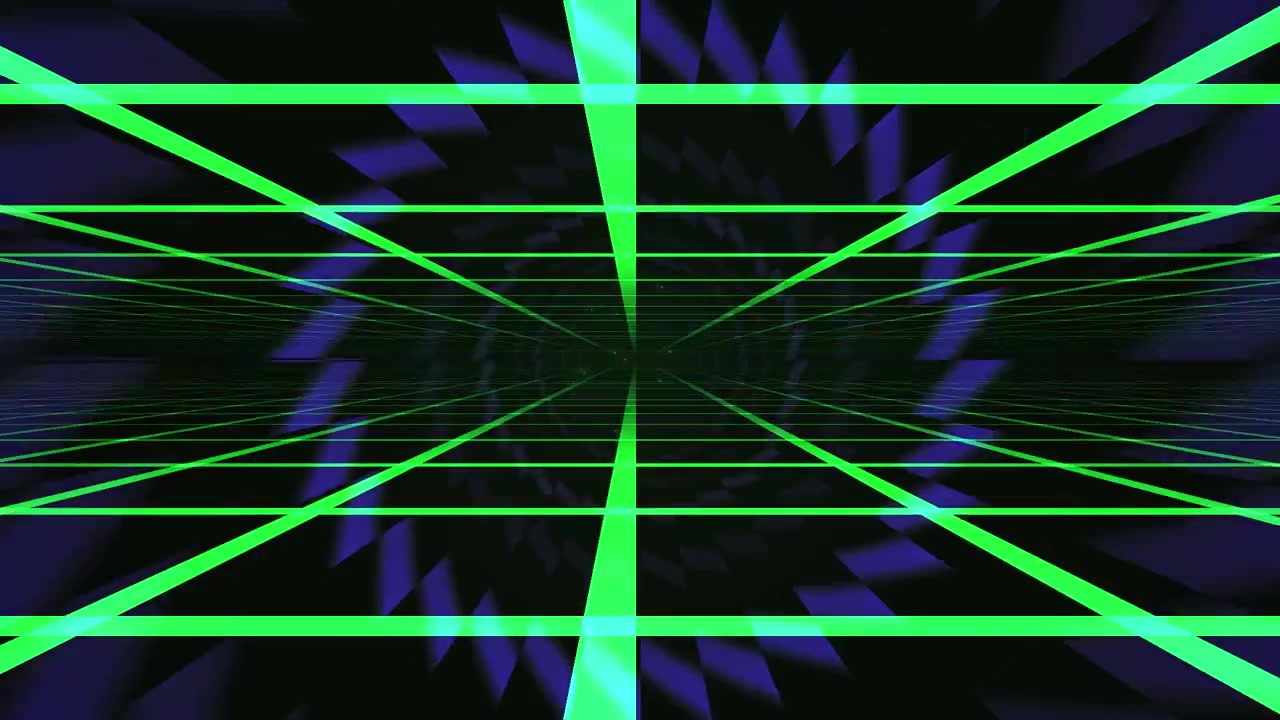 Tunnel a griglia digitale astratto con anelli di luce viola rotanti