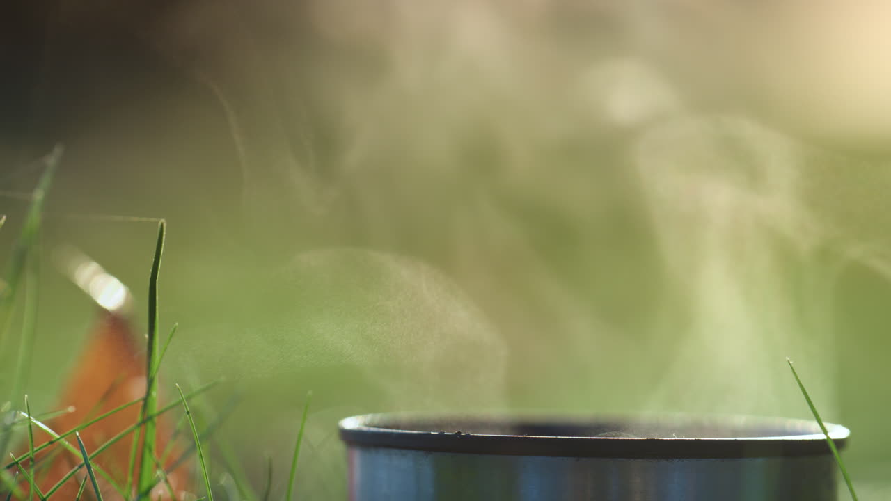 Warm drink standing green grass close up. Hot tea vapor rising over thermos mug.