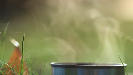 warm drink standing green grass close up. hot tea vapor rising over thermos mug.