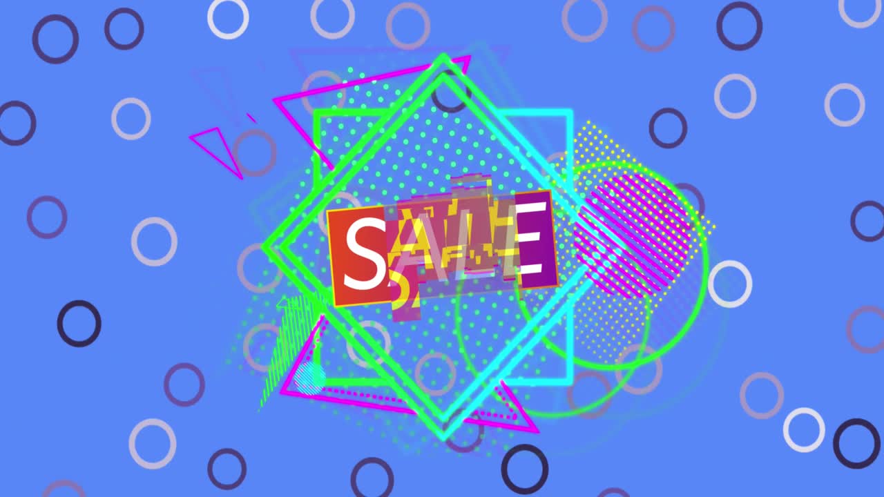 파란색 배경에 레트로 진동하는 사각형과 원에 판매 텍스트의 애니메이션