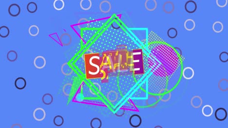 Animation-of-sale-text-on-retro-vibrant-squares-and-circles-on-blue-background