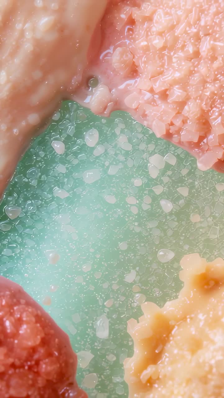 Video verticale: la camera cambia rivelando palline di gelato color pastello su un piatto color menta, con cristalli di zucchero e perline