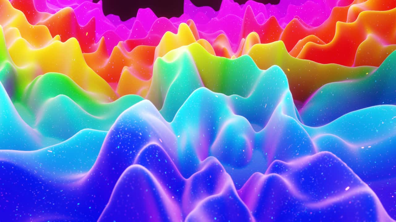hermosa superficie abstracta 3d con extrusión o desplazamiento de ondas se transforman en bucle. gradiente arco iris. material mate suave como dulzura o mermelada con ligero brillo interno, brilla en la superficie de morphing.