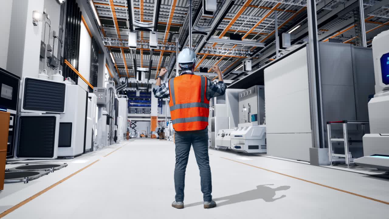 Ingenieur feiert Erfolg in moderner Fabrik