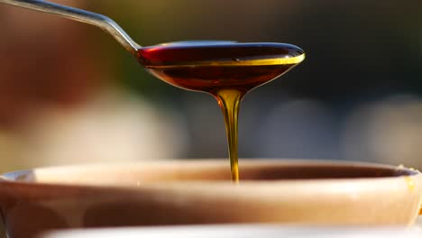 honey dripping from a spoon into a bowl