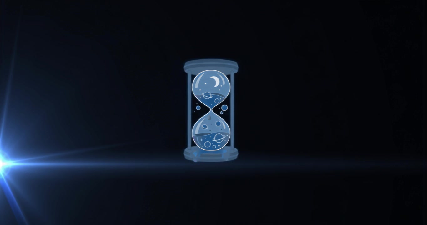 Upon appearing translucent 3D hourglass pouring blue liquid and rising bubbles, looping fluid cycle