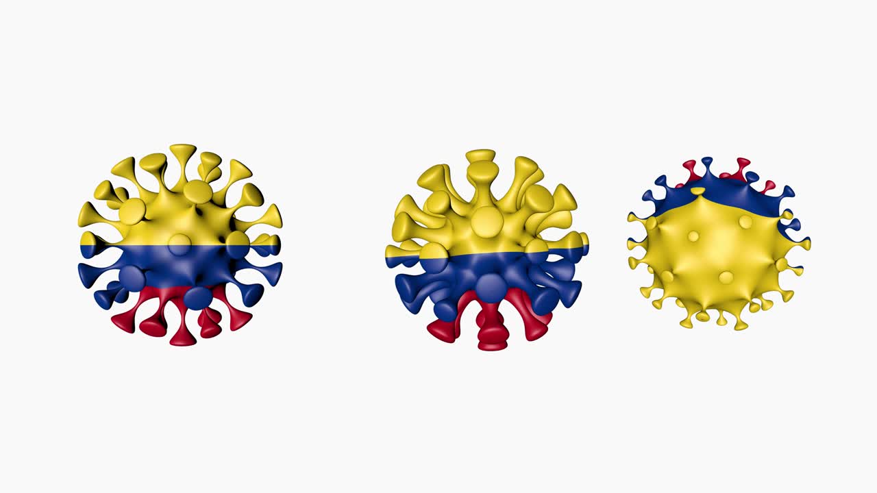 3d animación coronavirus 2019-ncov de colombia. bandera de colombia en esferas de bola de virus covid19, en fondo blanco. canal alfa