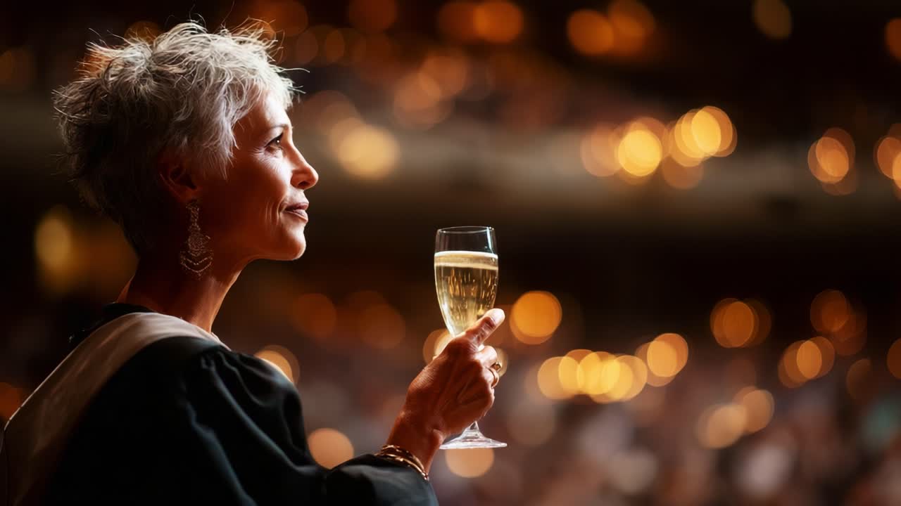 Un'elegante celebrazione: una donna che tiene in mano un bicchiere di champagne mentre si gode il momento in un luogo ben illuminato, circondata da un'atmosfera scintillante di gioia e successo