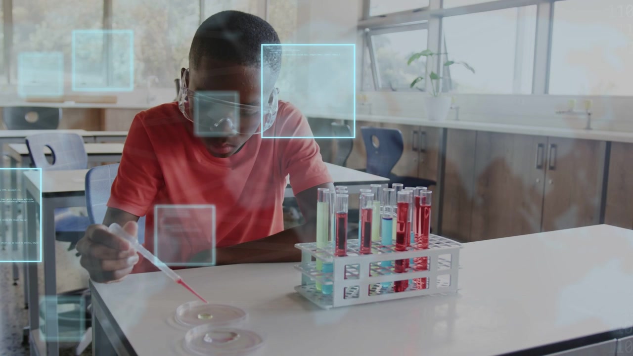 Pupil leaning, raising pipette and dropping into petri dish while AR squares overlaying science