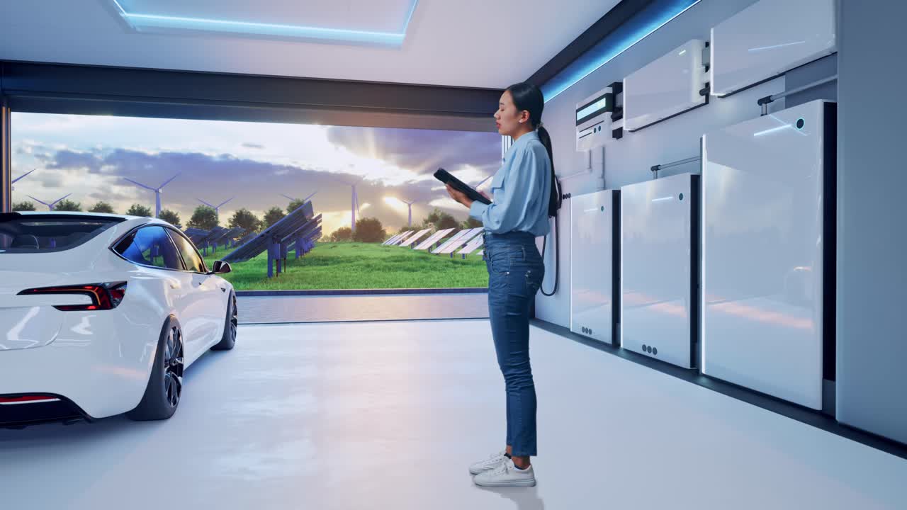 Full Body Side View Of Asian Female With Tablet With Home Energy Storage System In a Modern Garage, She Observes By Looking Around Before She Come To Concentrating With Tablet