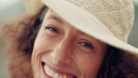 happy, woman and macro view of a face with a smile