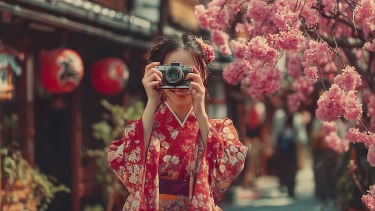 Un momento gioioso catturato in primavera: una giovane donna in un bellissimo kimono floreale posa con una macchina fotografica tra i ciliegi in fiore, mettendo in mostra la vibrante cultura tradizionale