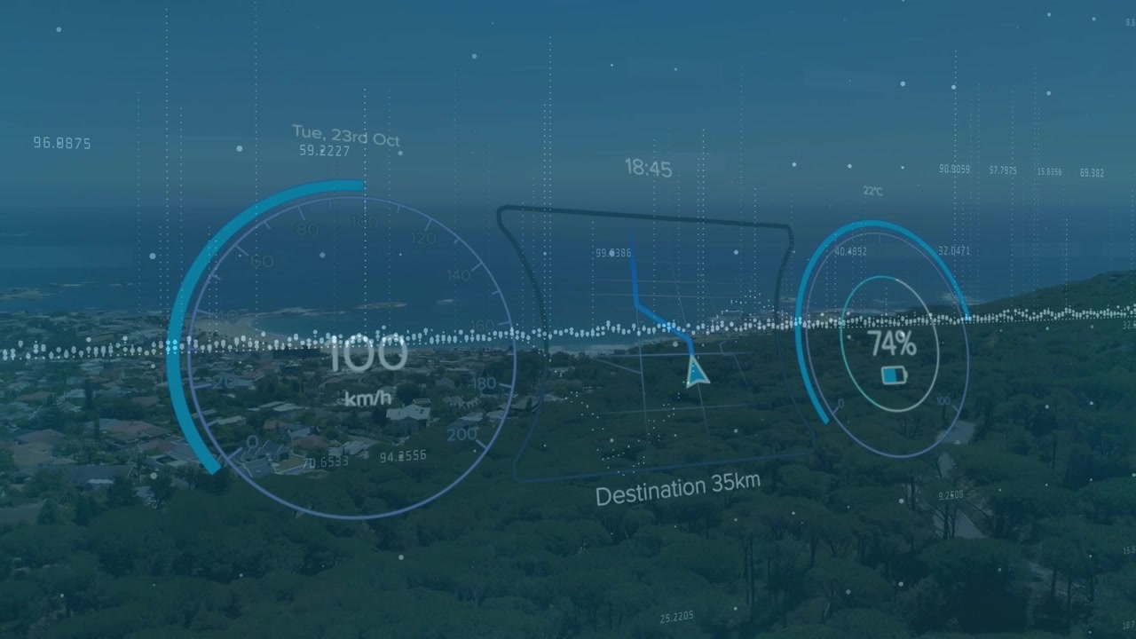 Animation of scope scanning and data processing over cityscape