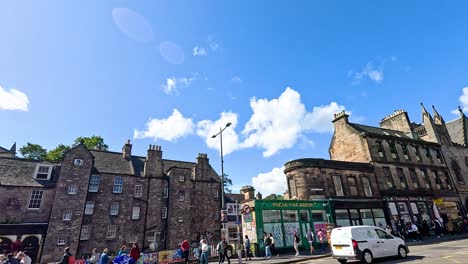 bustling street scene with historic buildings