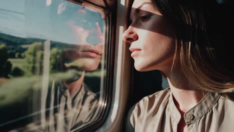 woman looking out train window