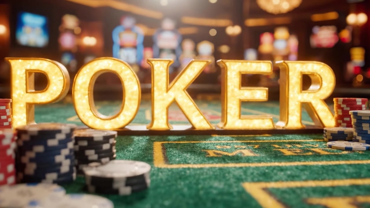 Cena de Poker Iluminada com Fichas Coloridas e Ambiente de Cassino Glamoroso