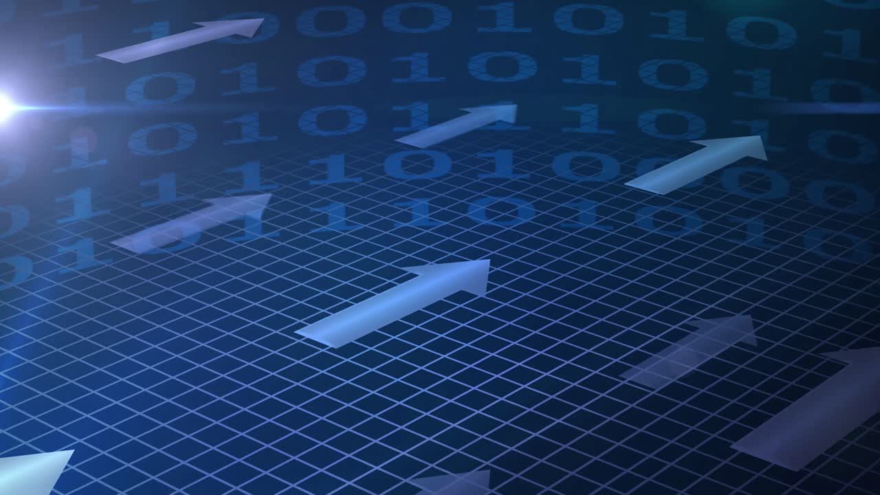 Animation of digital interface with binary coding and blue arrows