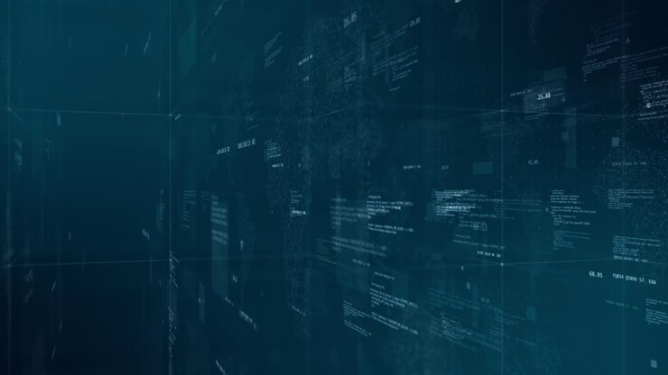 Motion Graphic von blauem digitalem Cyberspace mit schwebendem Programmcode auf futuristischem Kartenhintergrund, Technologie-Abstrakt-Hintergrundkonzept